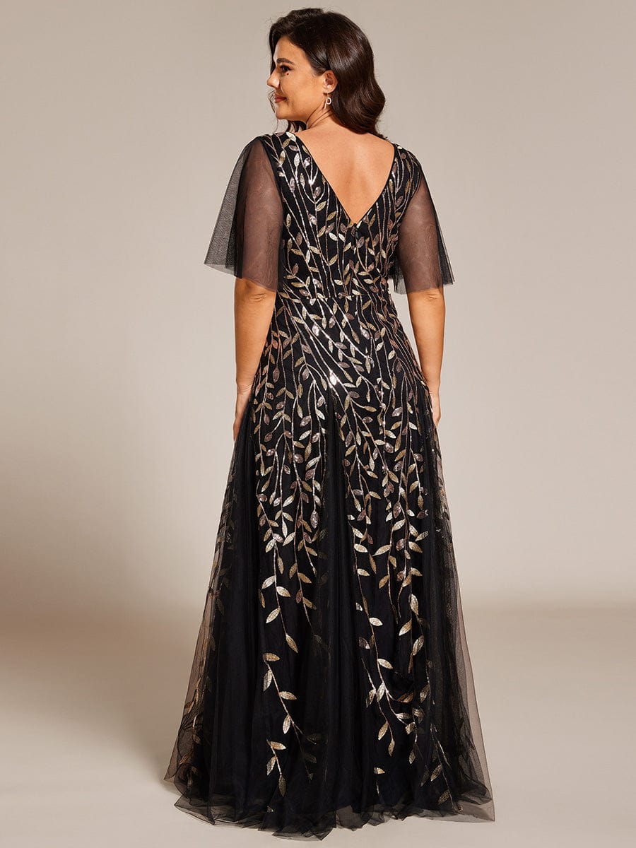 Plus Size Leaf Sequin Tulle A-Line Maxi Dress with Short Sleeves #color_Black & Gold