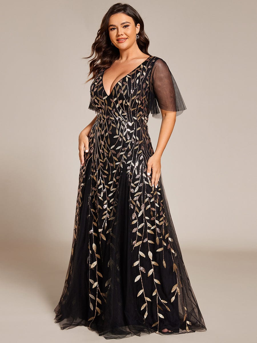 Plus Size Leaf Sequin Tulle A-Line Maxi Dress with Short Sleeves #color_Black & Gold