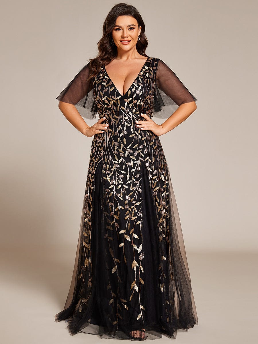 Plus Size Leaf Sequin Tulle A-Line Maxi Dress with Short Sleeves #color_Black & Gold