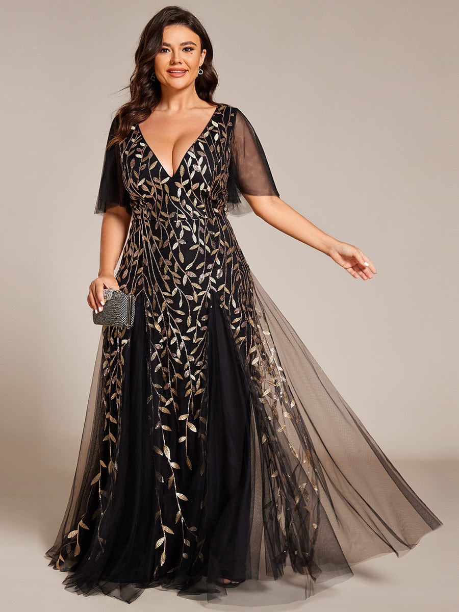 Plus Size Leaf Sequin Tulle A-Line Maxi Dress with Short Sleeves #color_Black & Gold