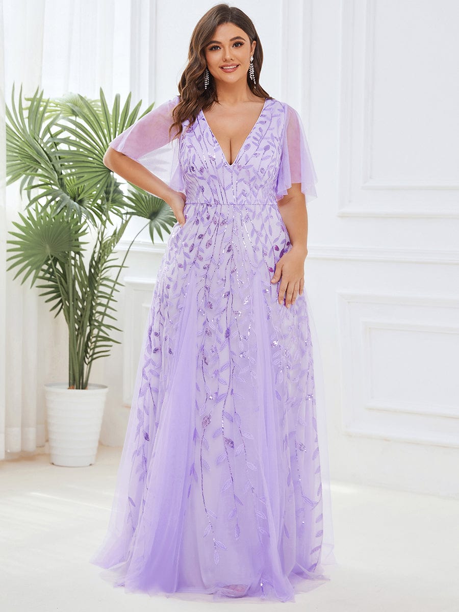 Plus Size Leaf Sequin Tulle A-Line Maxi Dress with Short Sleeves #color_Lavender