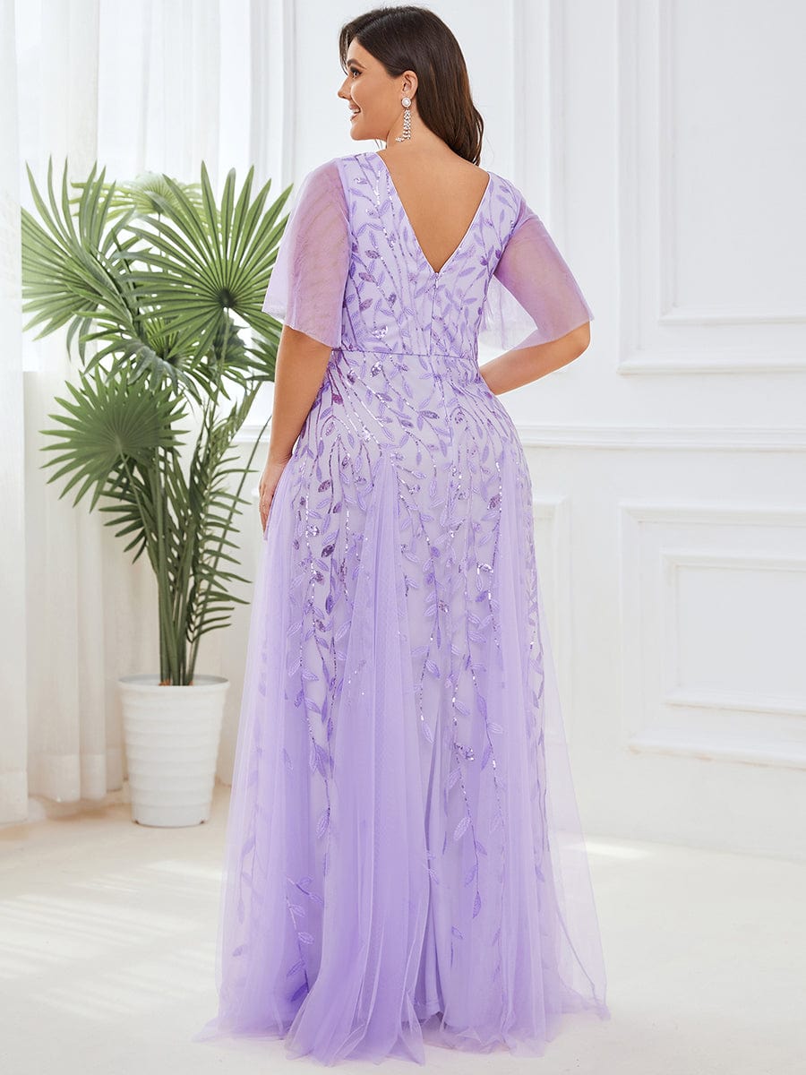 Plus Size Leaf Sequin Tulle A-Line Maxi Dress with Short Sleeves #color_Lavender