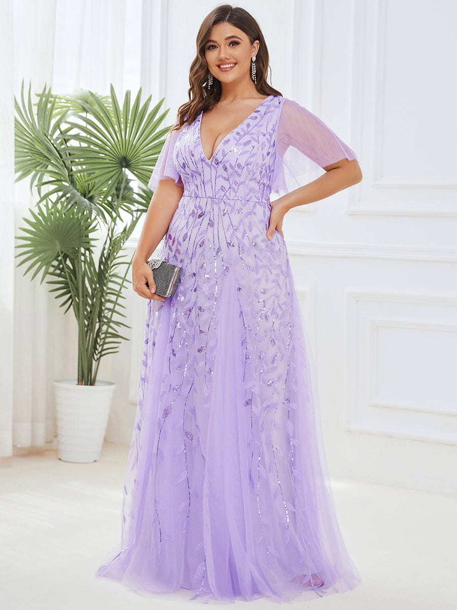 Plus Size Leaf Sequin Tulle A-Line Maxi Dress with Short Sleeves #color_Lavender