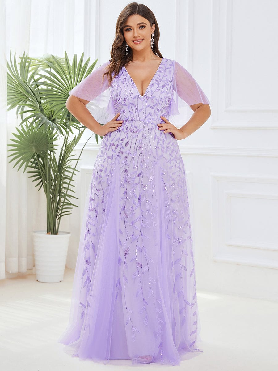 Plus Size Leaf Sequin Tulle A-Line Maxi Dress with Short Sleeves #color_Lavender