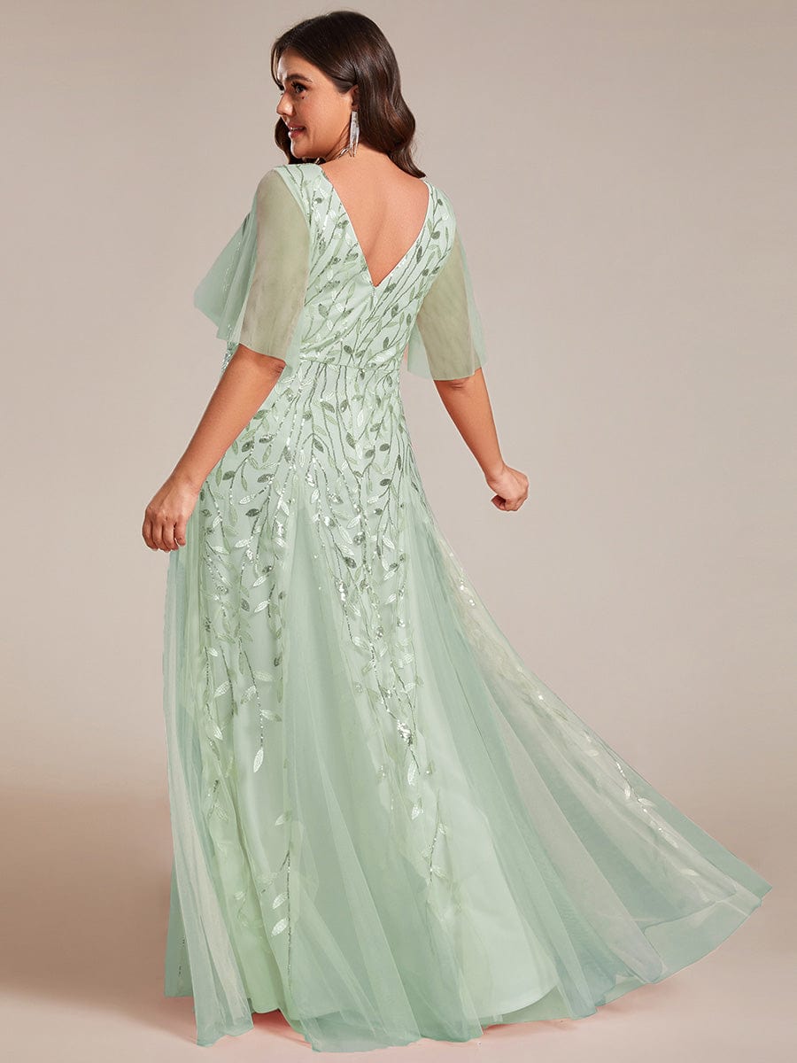 Plus Size Leaf Sequin Tulle A-Line Maxi Dress with Short Sleeves #color_Sage Green