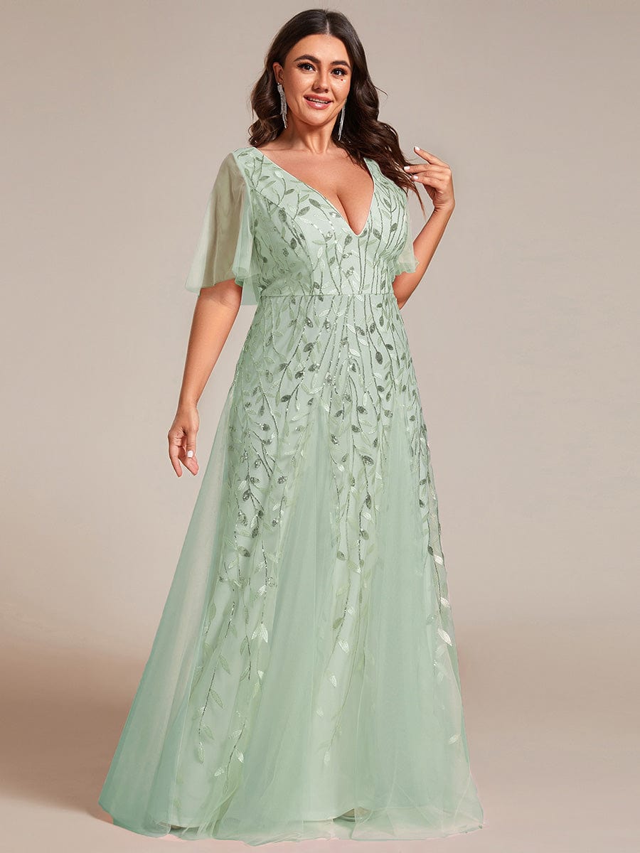 Plus Size Leaf Sequin Tulle A-Line Maxi Dress with Short Sleeves #color_Sage Green