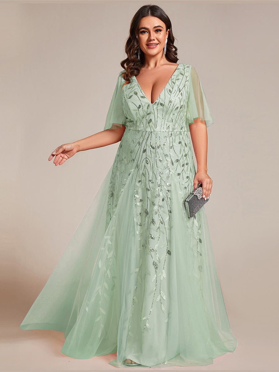 Plus Size Leaf Sequin Tulle A-Line Maxi Dress with Short Sleeves #color_Sage Green