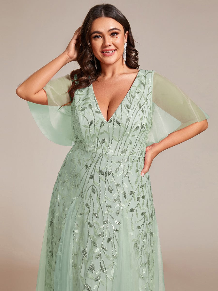 Plus Size Leaf Sequin Tulle A-Line Maxi Dress with Short Sleeves #color_Sage Green