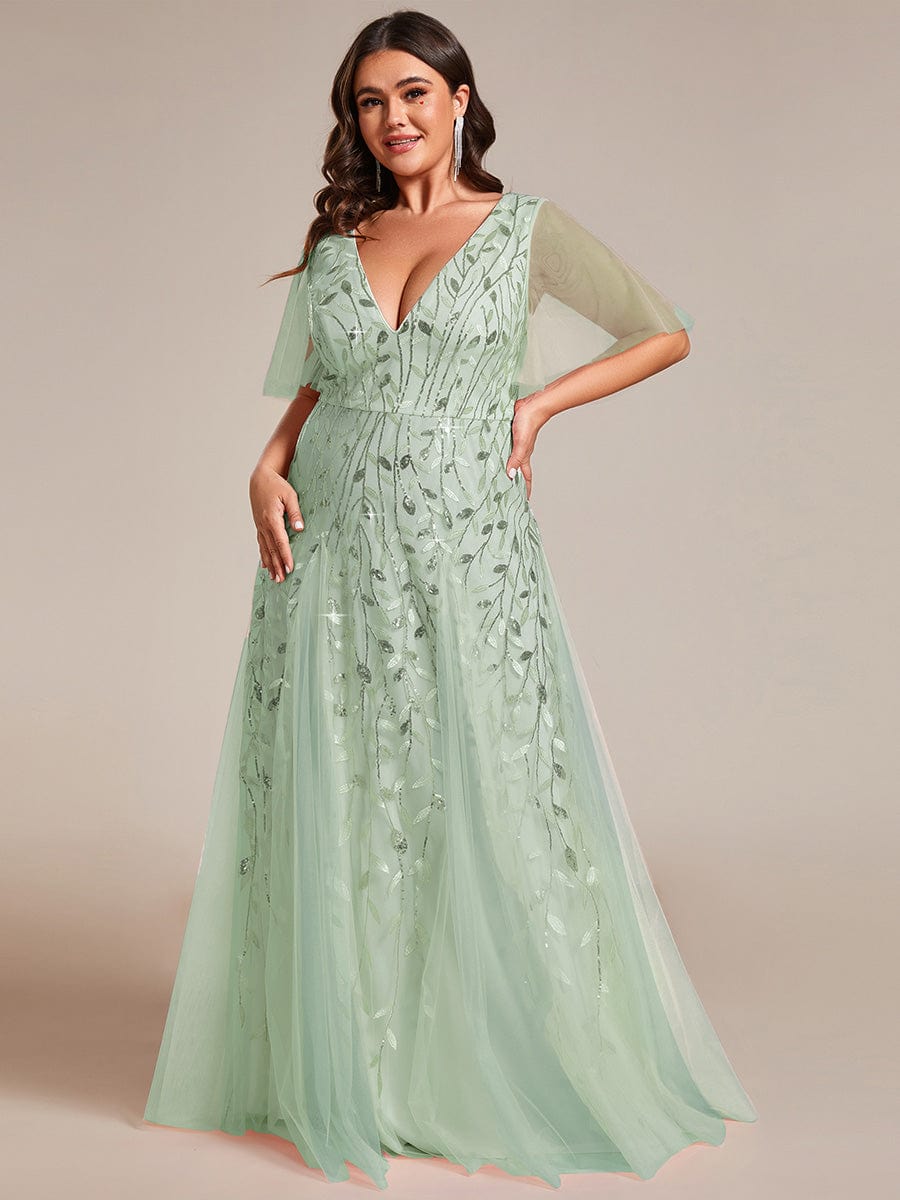 Plus Size Leaf Sequin Tulle A-Line Maxi Dress with Short Sleeves #color_Sage Green