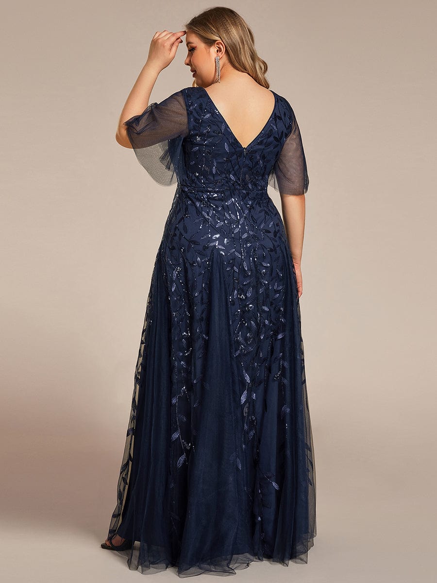 Plus Size Leaf Sequin Tulle A-Line Maxi Dress with Short Sleeves #color_Navy Blue