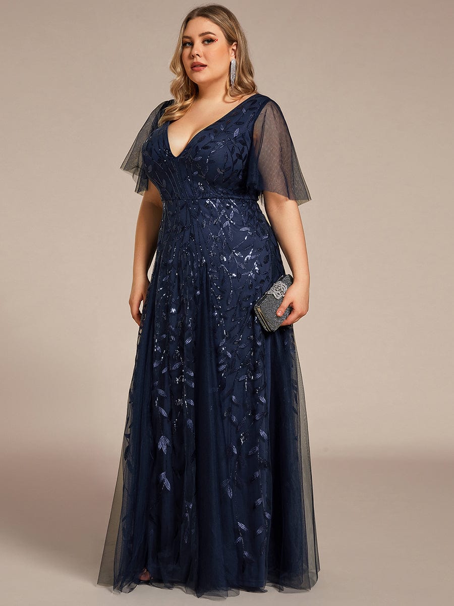 Plus Size Leaf Sequin Tulle A-Line Maxi Dress with Short Sleeves #color_Navy Blue