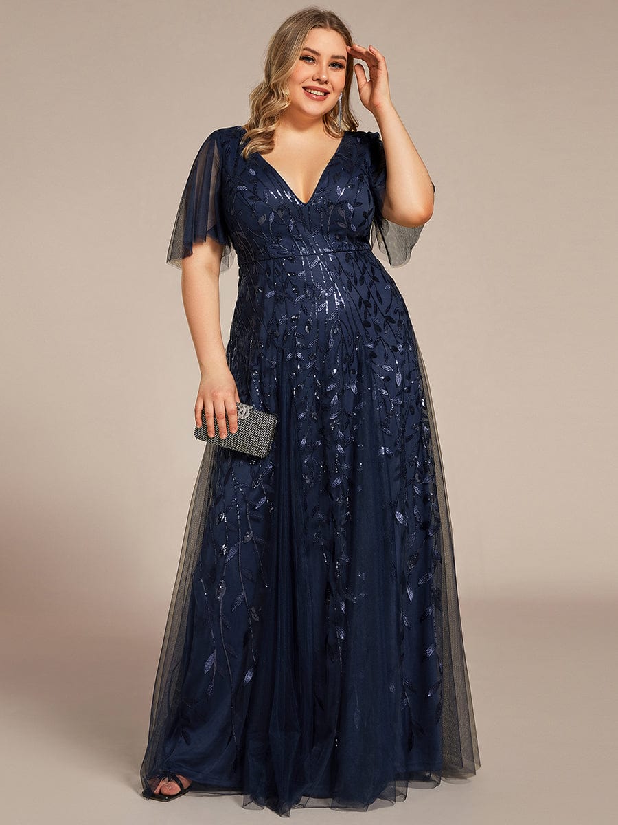 Plus Size Leaf Sequin Tulle A-Line Maxi Dress with Short Sleeves #color_Navy Blue