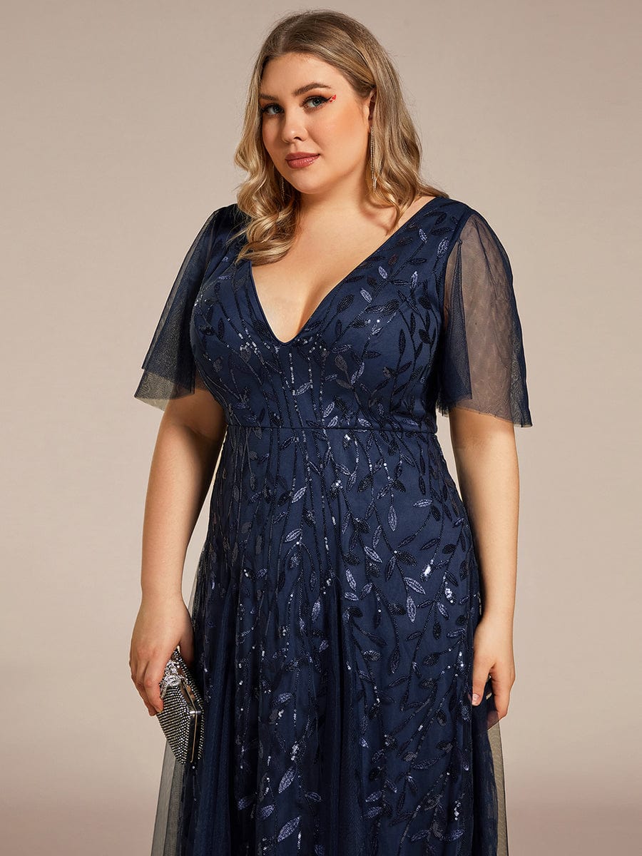 Plus Size Leaf Sequin Tulle A-Line Maxi Dress with Short Sleeves #color_Navy Blue