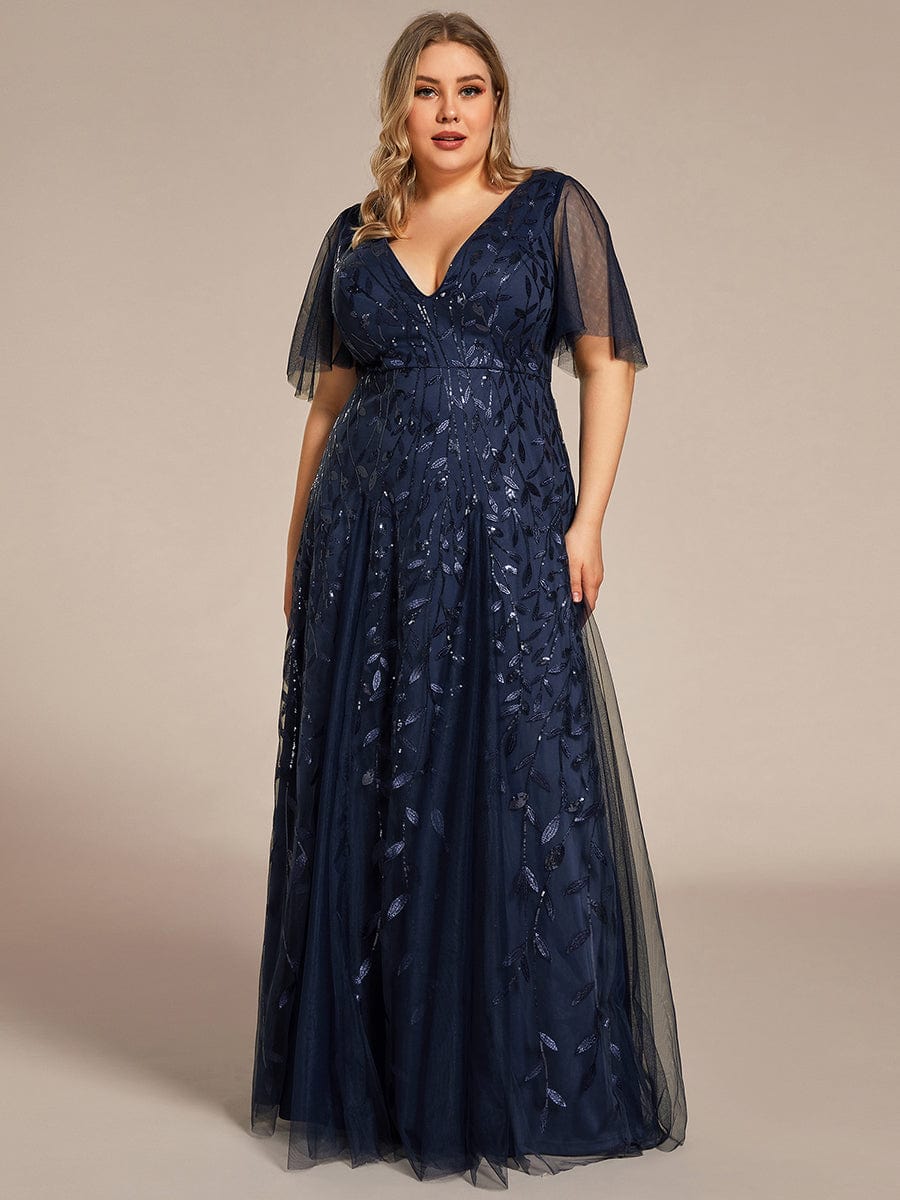 Plus Size Leaf Sequin Tulle A-Line Maxi Dress with Short Sleeves #color_Navy Blue