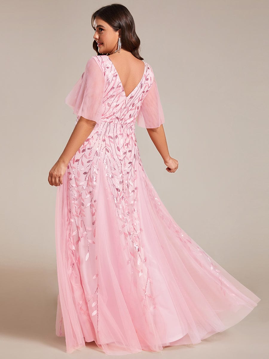 Plus Size Leaf Sequin Tulle A-Line Maxi Dress with Short Sleeves #color_Pink