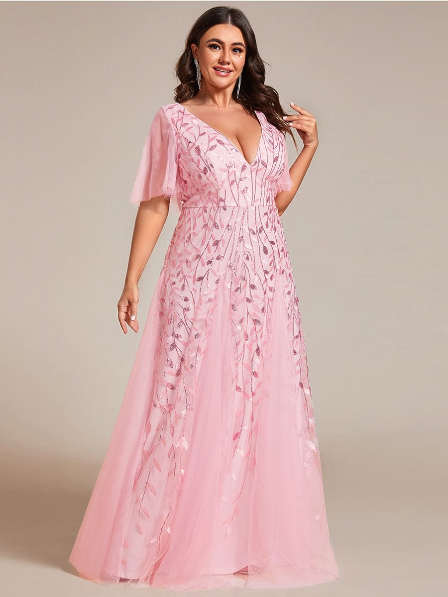 Plus Size Leaf Sequin Tulle A-Line Maxi Dress with Short Sleeves #color_Pink