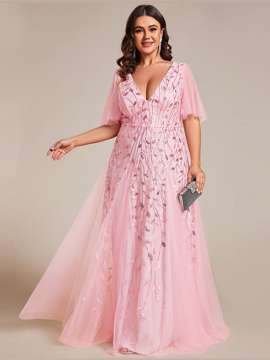 Plus Size Leaf Sequin Tulle A-Line Maxi Dress with Short Sleeves #color_Pink