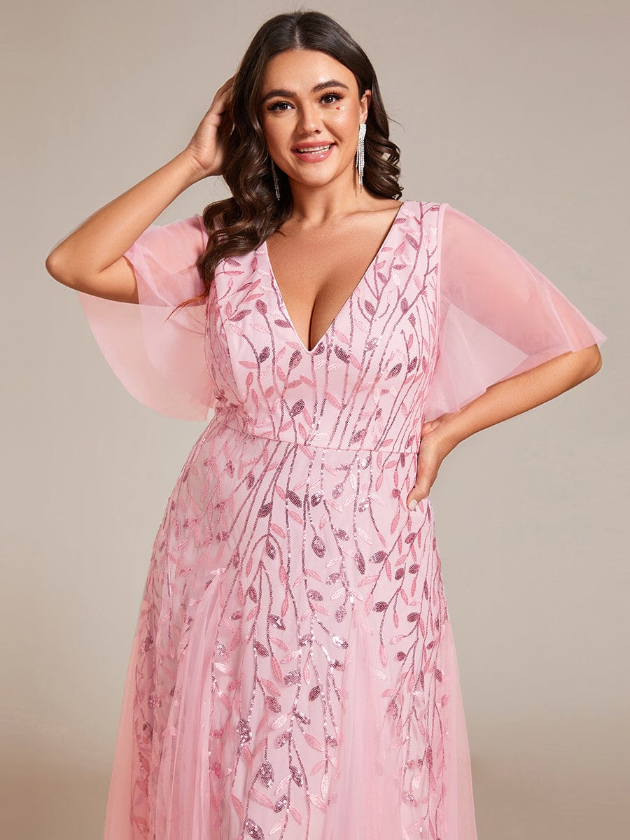 Plus Size Leaf Sequin Tulle A-Line Maxi Dress with Short Sleeves #color_Pink