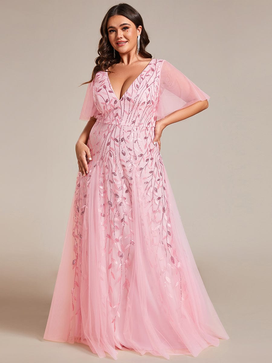 Plus Size Leaf Sequin Tulle A-Line Maxi Dress with Short Sleeves #color_Pink