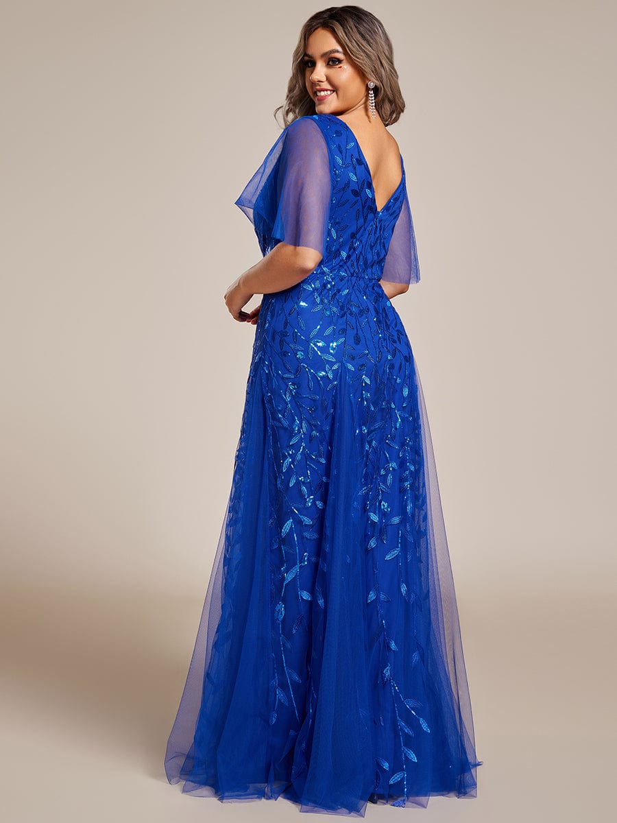 Plus Size Leaf Sequin Tulle A-Line Maxi Dress with Short Sleeves #color_Sapphire Blue