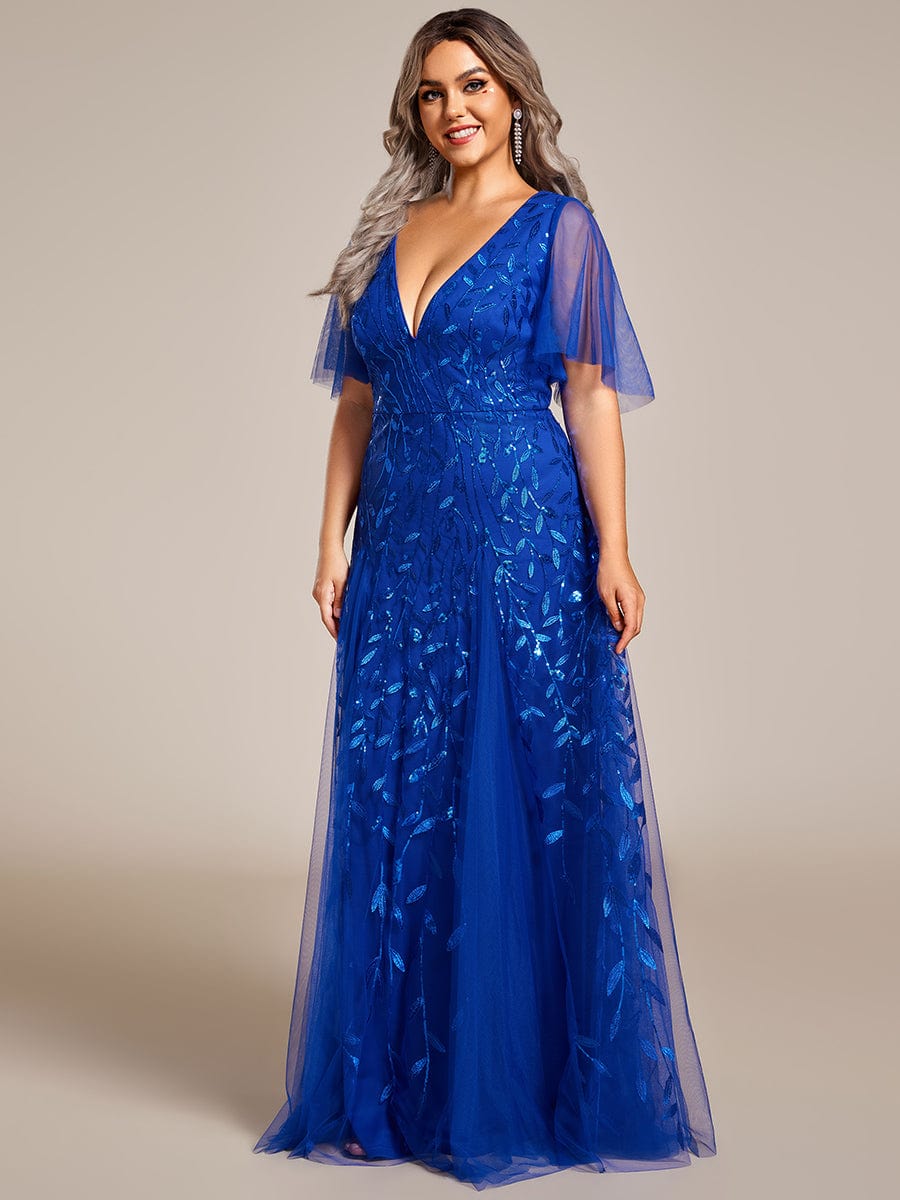 Plus Size Leaf Sequin Tulle A-Line Maxi Dress with Short Sleeves #color_Sapphire Blue