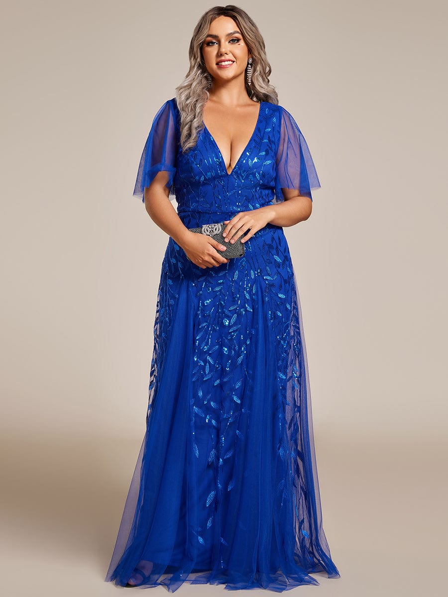 Plus Size Leaf Sequin Tulle A-Line Maxi Dress with Short Sleeves #color_Sapphire Blue