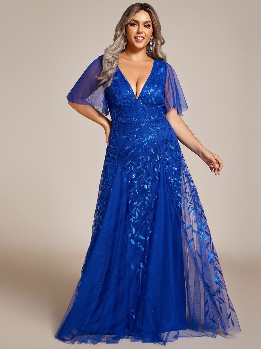 Plus Size Leaf Sequin Tulle A-Line Maxi Dress with Short Sleeves #color_Sapphire Blue