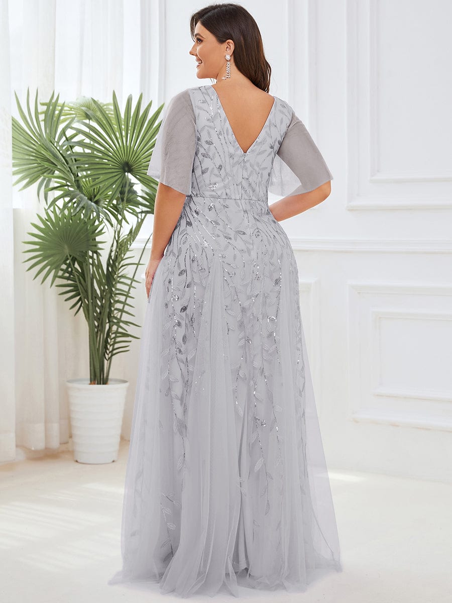 Plus Size Leaf Sequin Tulle A-Line Maxi Dress with Short Sleeves #color_Silver