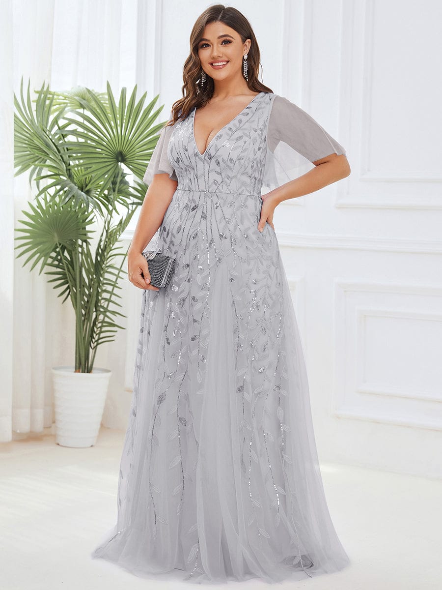 Plus Size Leaf Sequin Tulle A-Line Maxi Dress with Short Sleeves #color_Silver