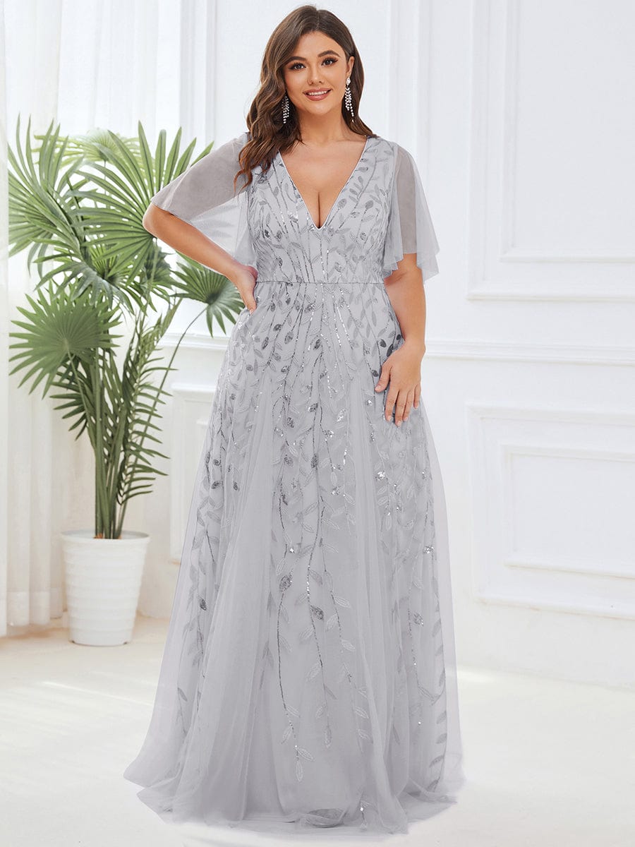 Plus Size Leaf Sequin Tulle A-Line Maxi Dress with Short Sleeves #color_Silver