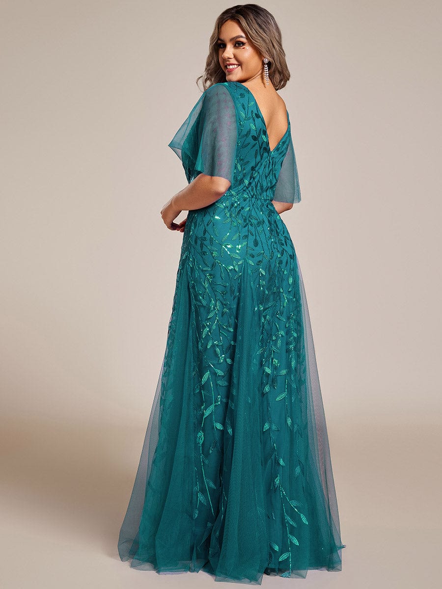 Plus Size Leaf Sequin Tulle A-Line Maxi Dress with Short Sleeves #color_Teal