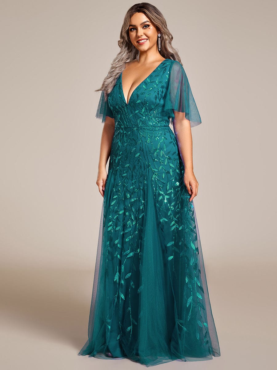 Plus Size Leaf Sequin Tulle A-Line Maxi Dress with Short Sleeves #color_Teal