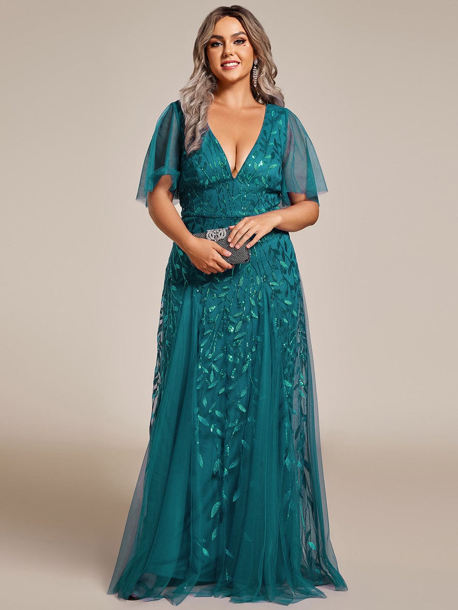 Plus Size Leaf Sequin Tulle A-Line Maxi Dress with Short Sleeves #color_Teal