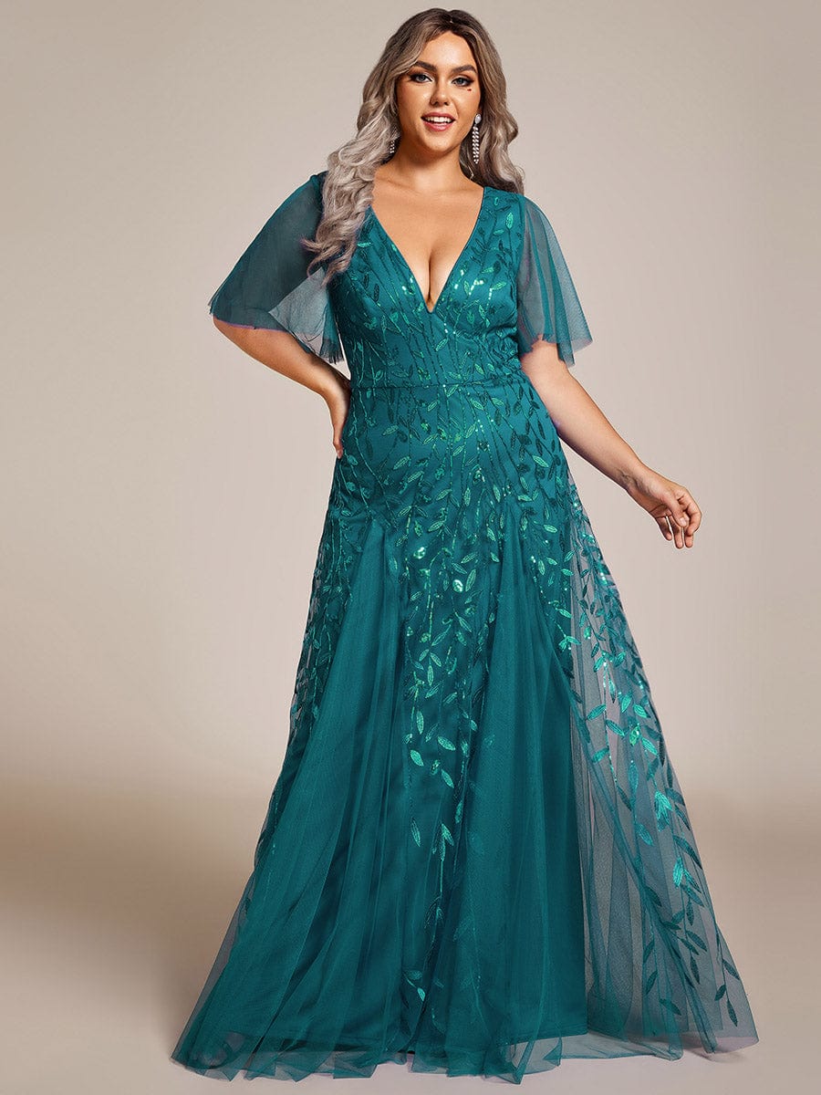 Plus Size Leaf Sequin Tulle A-Line Maxi Dress with Short Sleeves #color_Teal