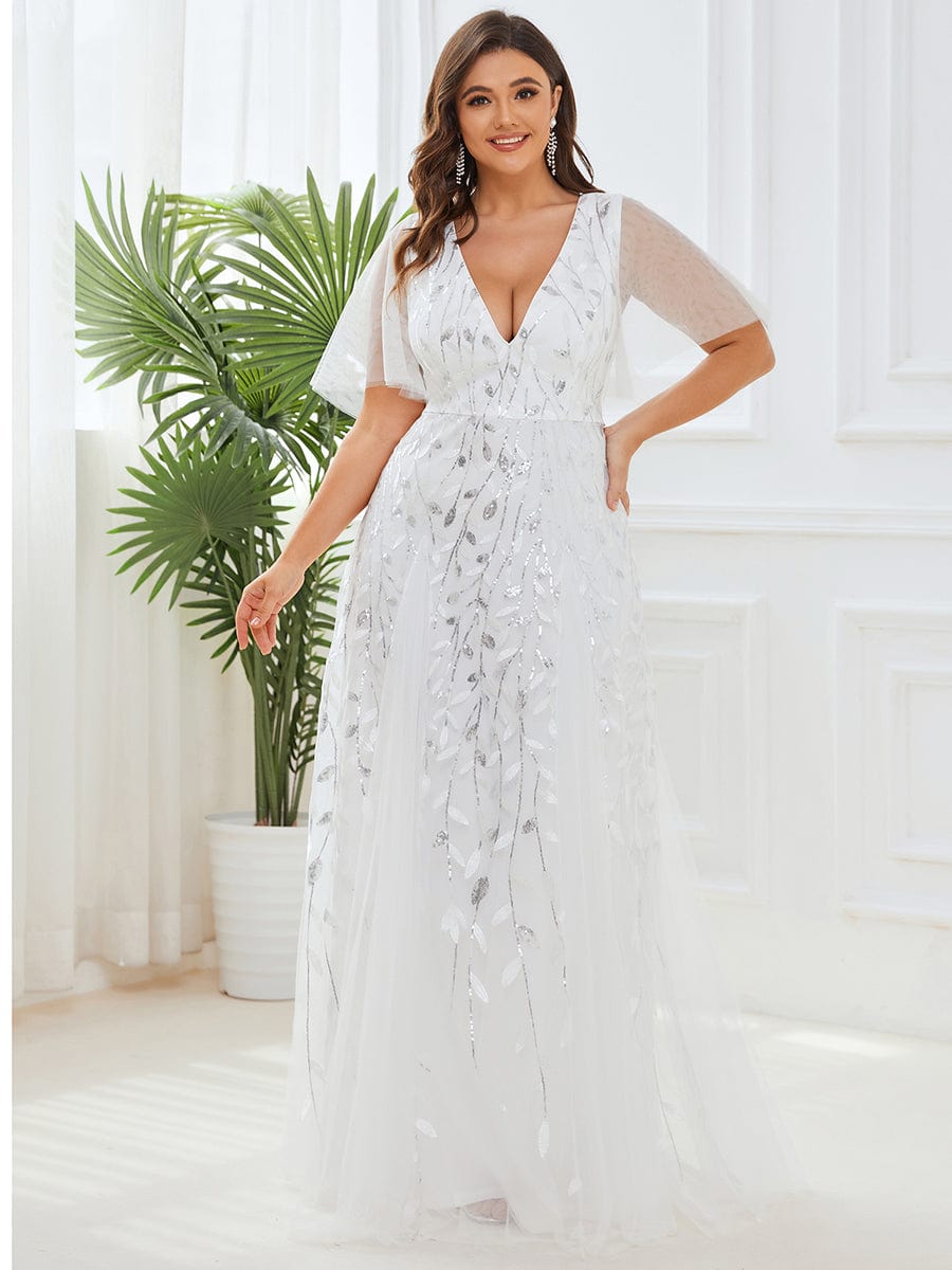 Plus Size Leaf Sequin Tulle A-Line Maxi Dress with Short Sleeves #color_White