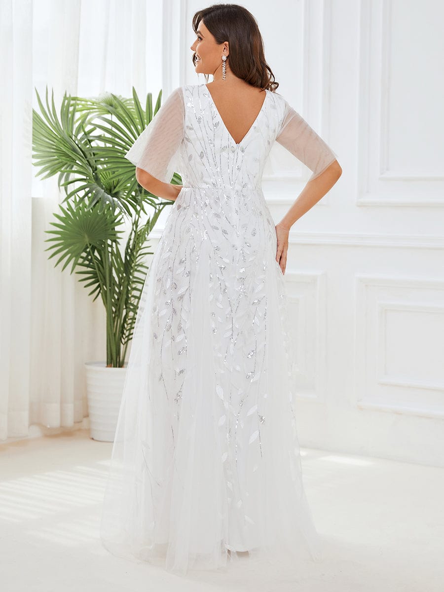 Plus Size Leaf Sequin Tulle A-Line Maxi Dress with Short Sleeves #color_White