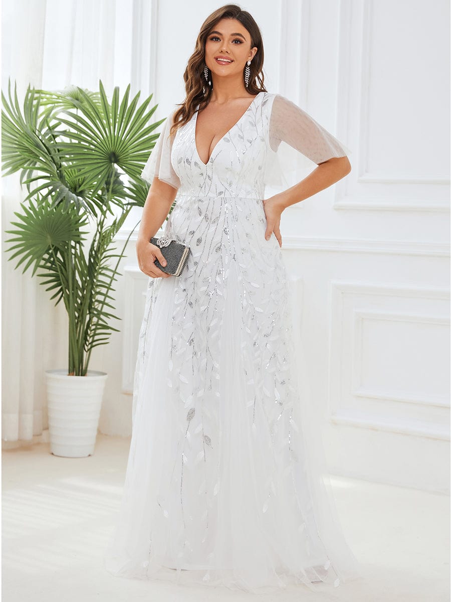 Plus Size Leaf Sequin Tulle A-Line Maxi Dress with Short Sleeves #color_White