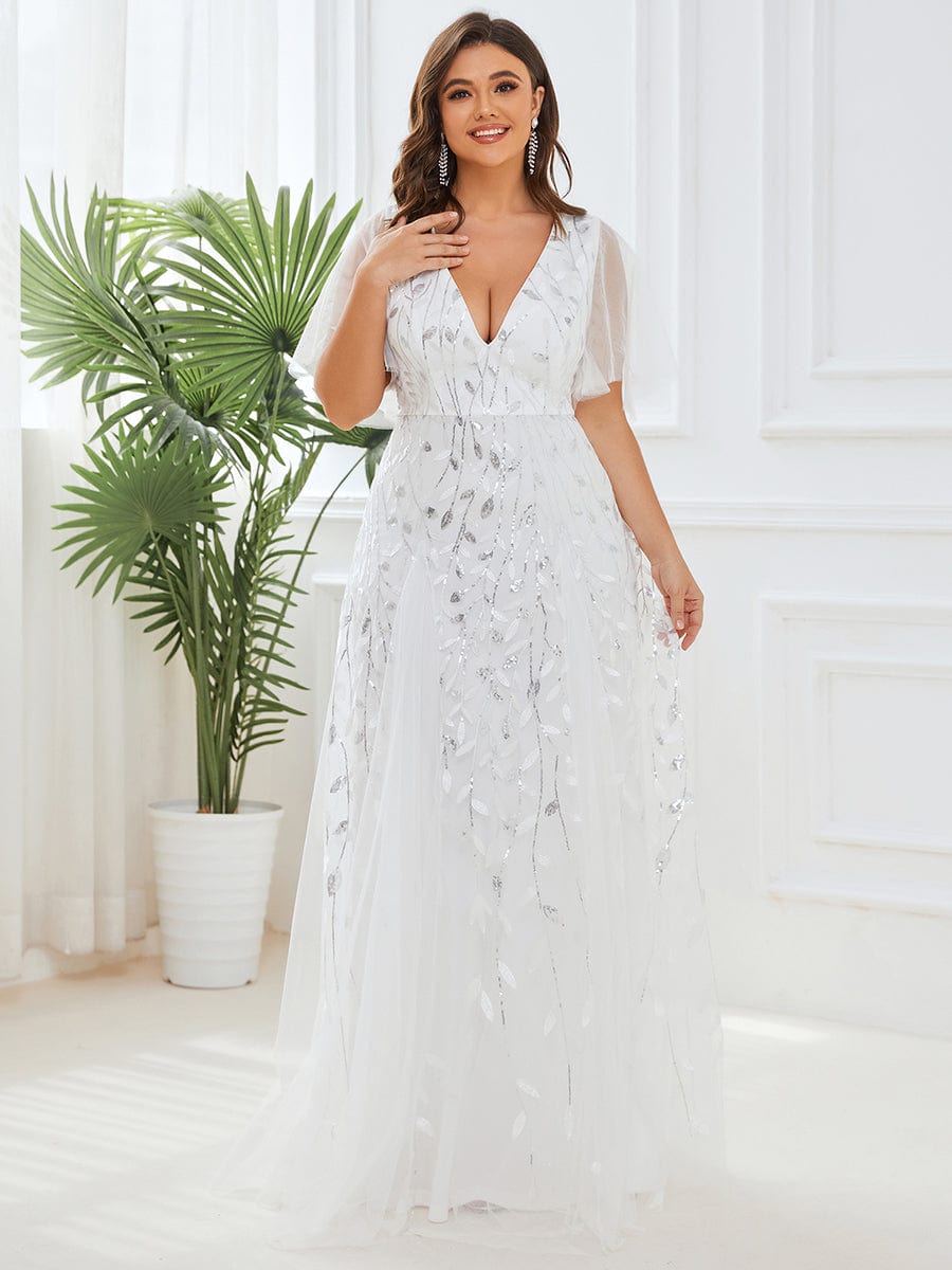 Plus Size Leaf Sequin Tulle A-Line Maxi Dress with Short Sleeves #color_White