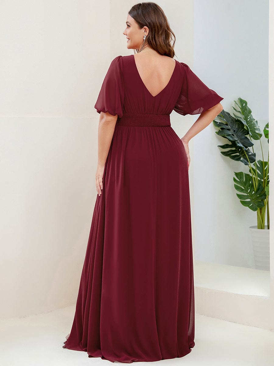 Illusion V-Neck Plus Size Maxi Dress with Slit #color_Burgundy