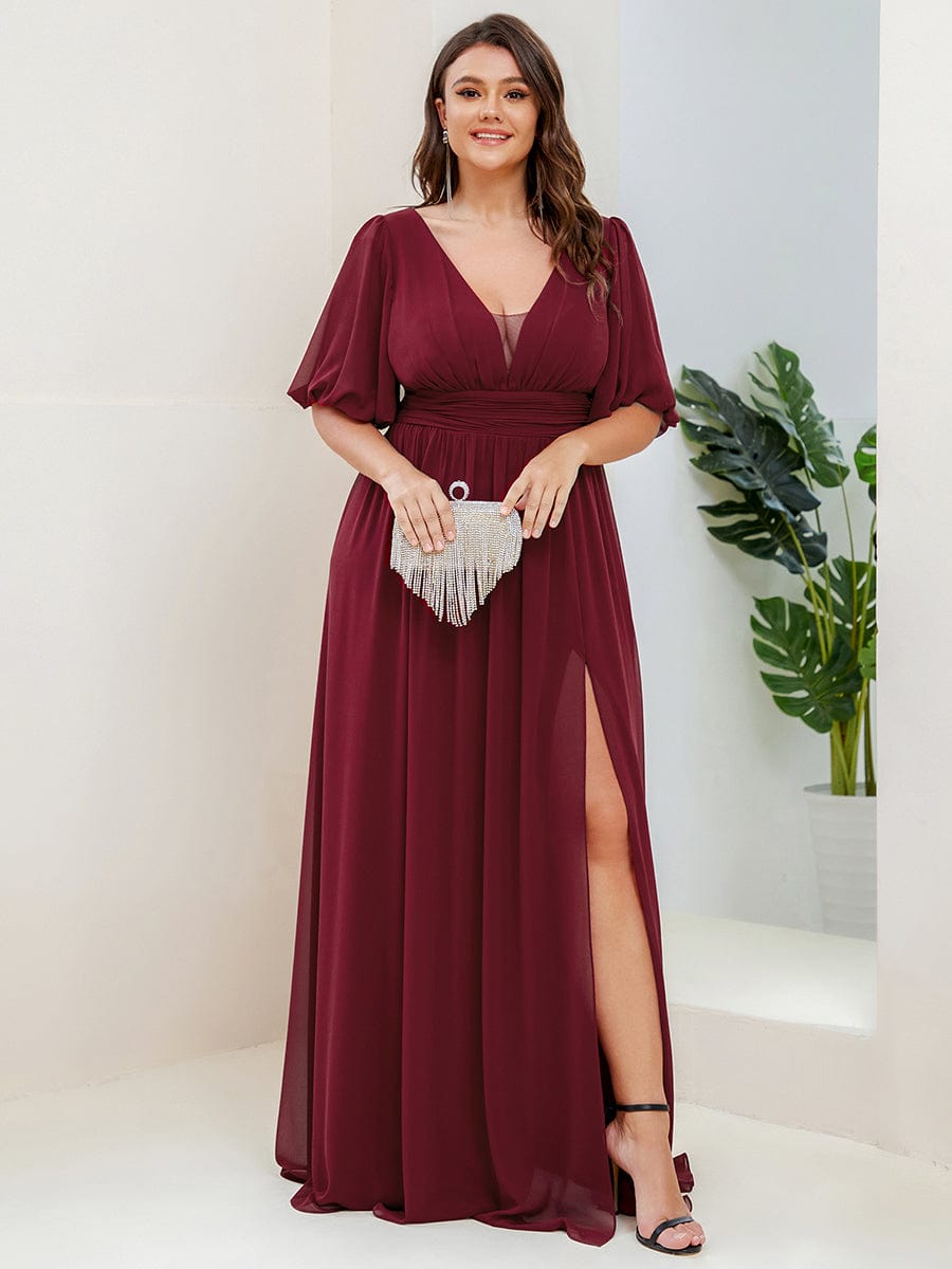 Illusion V-Neck Plus Size Maxi Dress with Slit #color_Burgundy