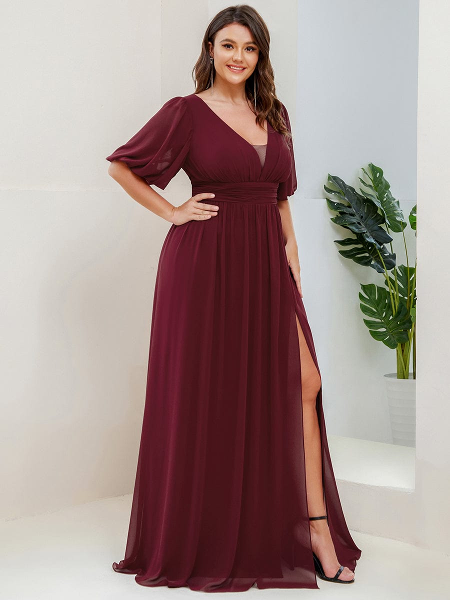 Illusion V-Neck Plus Size Maxi Dress with Slit #color_Burgundy