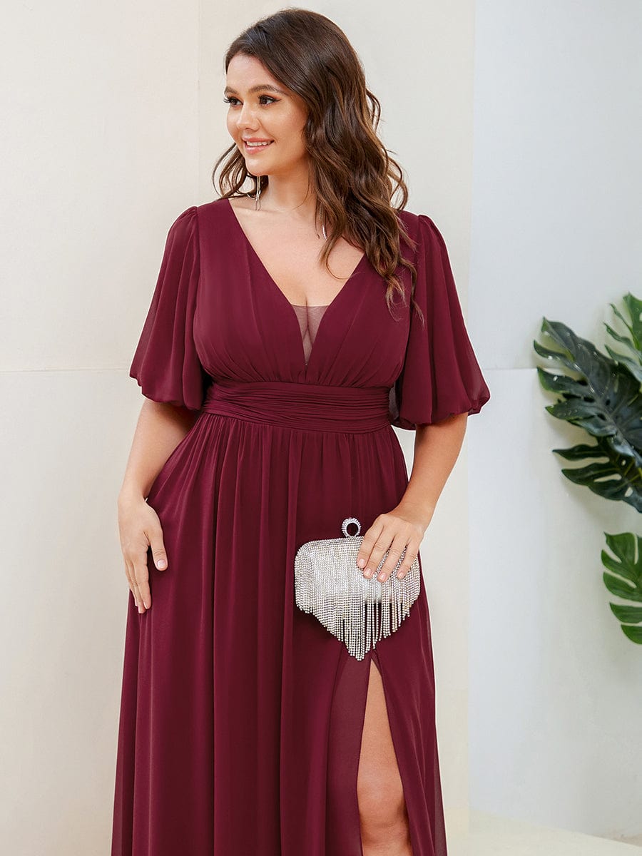 Illusion V-Neck Plus Size Maxi Dress with Slit #color_Burgundy