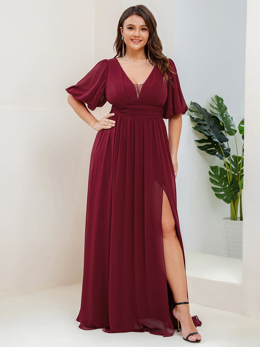 Illusion V-Neck Plus Size Maxi Dress with Slit #color_Burgundy