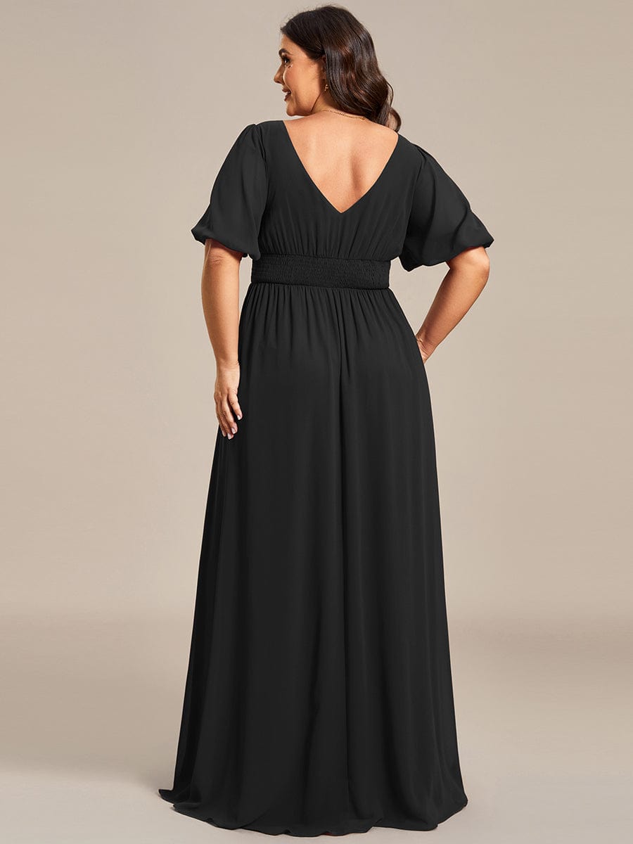 Illusion V-Neck Plus Size Maxi Dress with Slit #color_Black