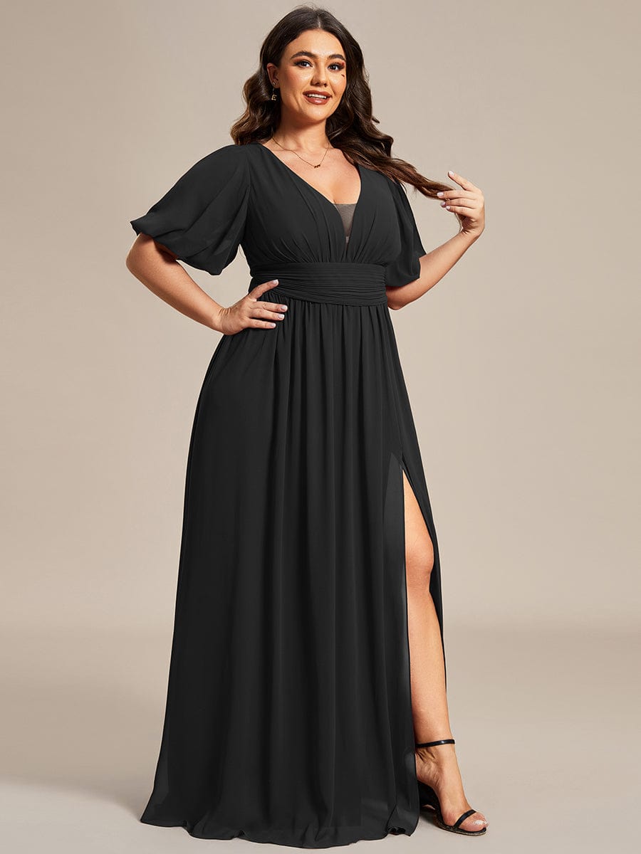 Illusion V-Neck Plus Size Maxi Dress with Slit #color_Black