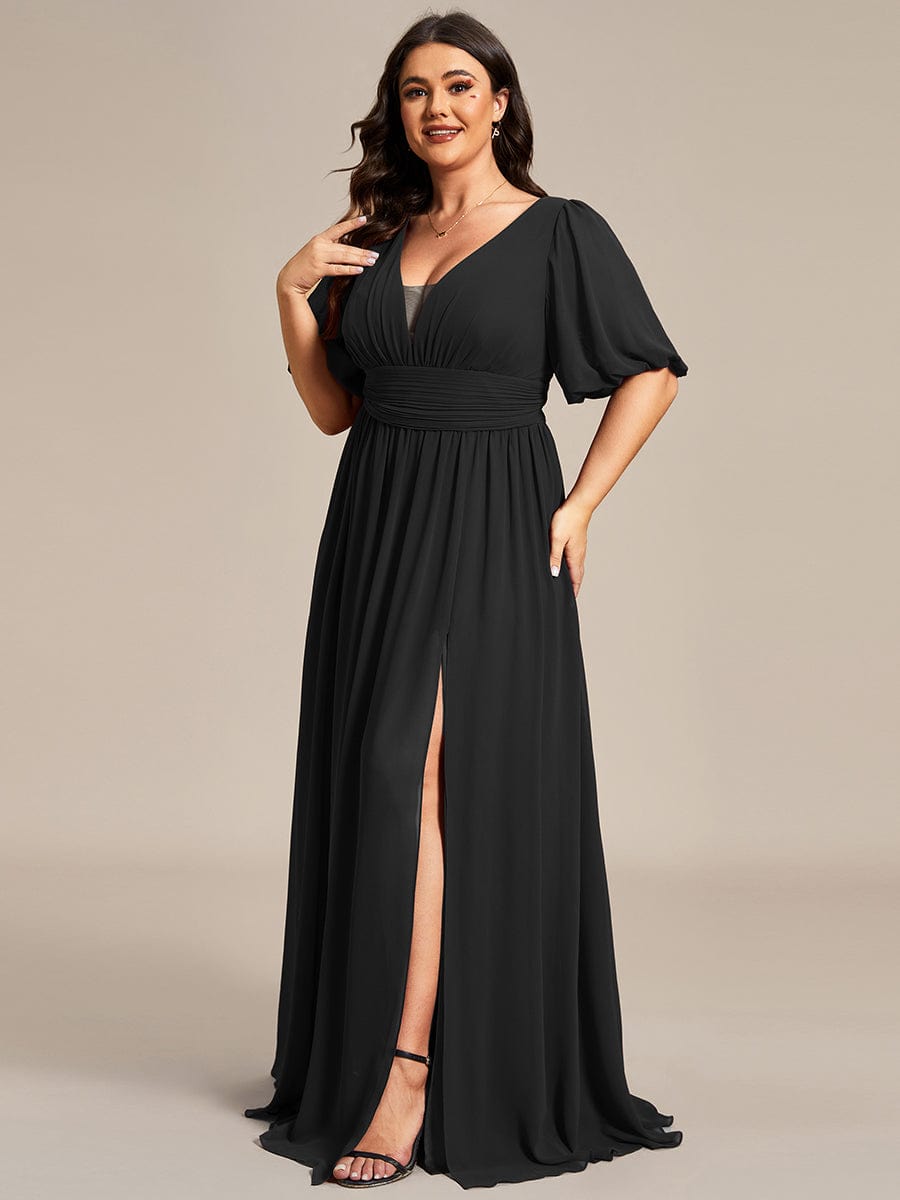 Illusion V-Neck Plus Size Maxi Dress with Slit #color_Black