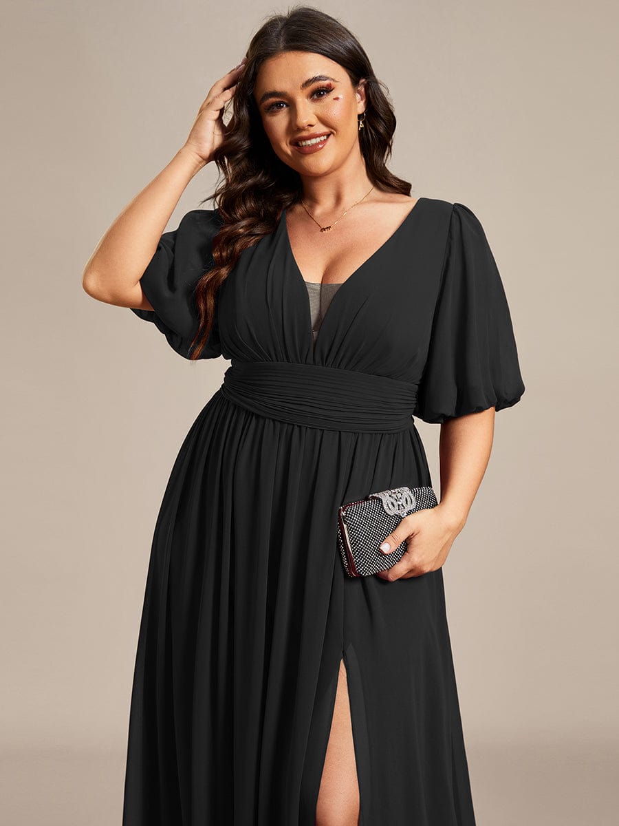 Illusion V-Neck Plus Size Maxi Dress with Slit #color_Black