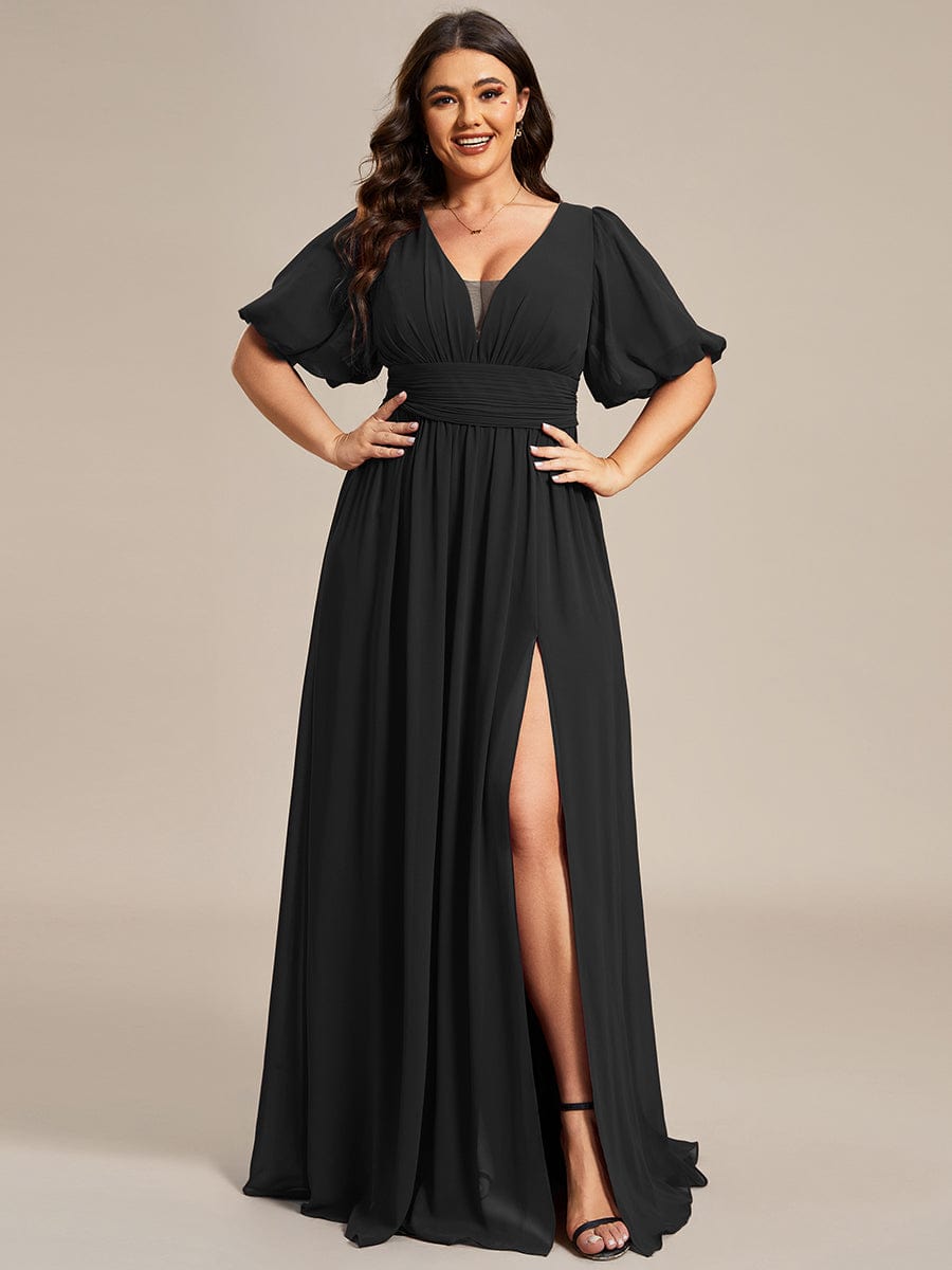 Illusion V-Neck Plus Size Maxi Dress with Slit #color_Black