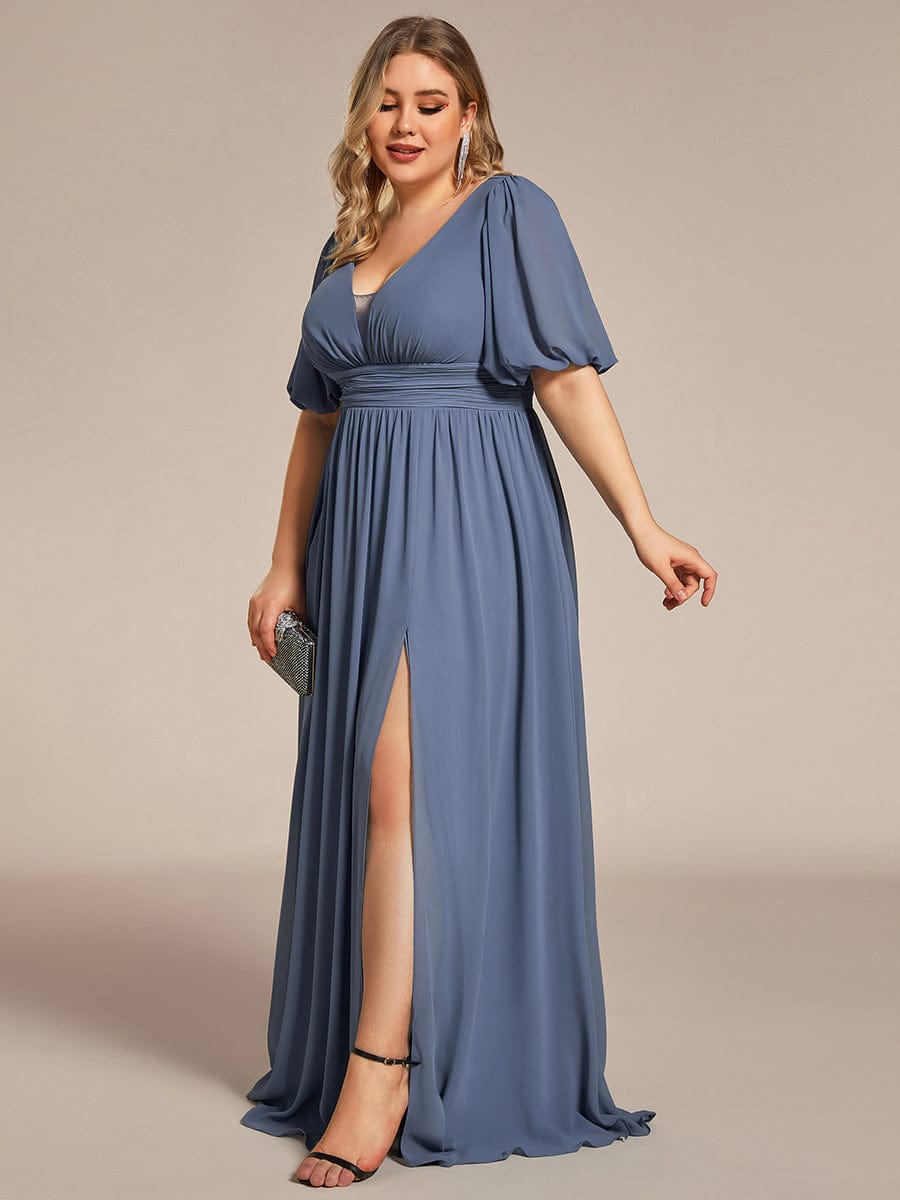 Illusion V-Neck Plus Size Maxi Dress with Slit #color_Dusty Blue