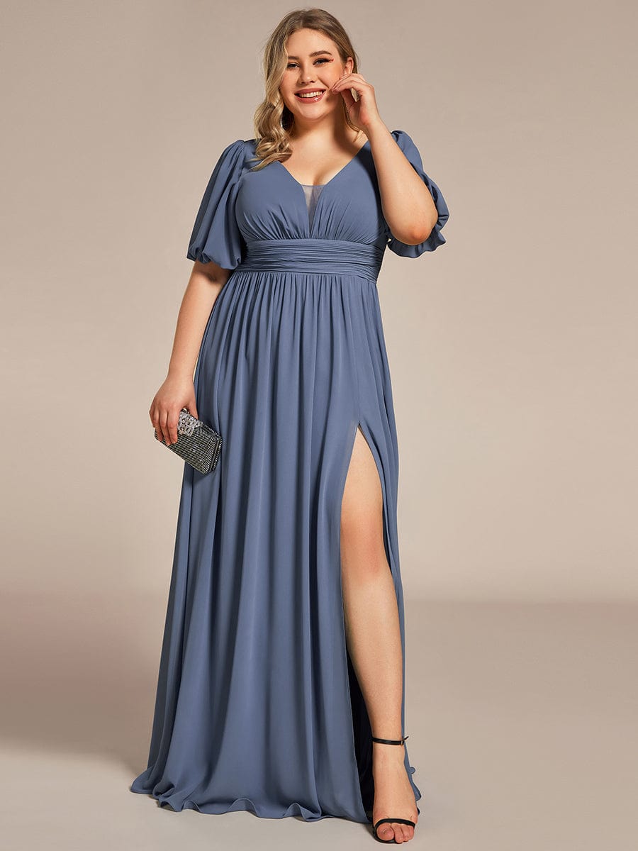 Illusion V-Neck Plus Size Maxi Dress with Slit #color_Dusty Blue